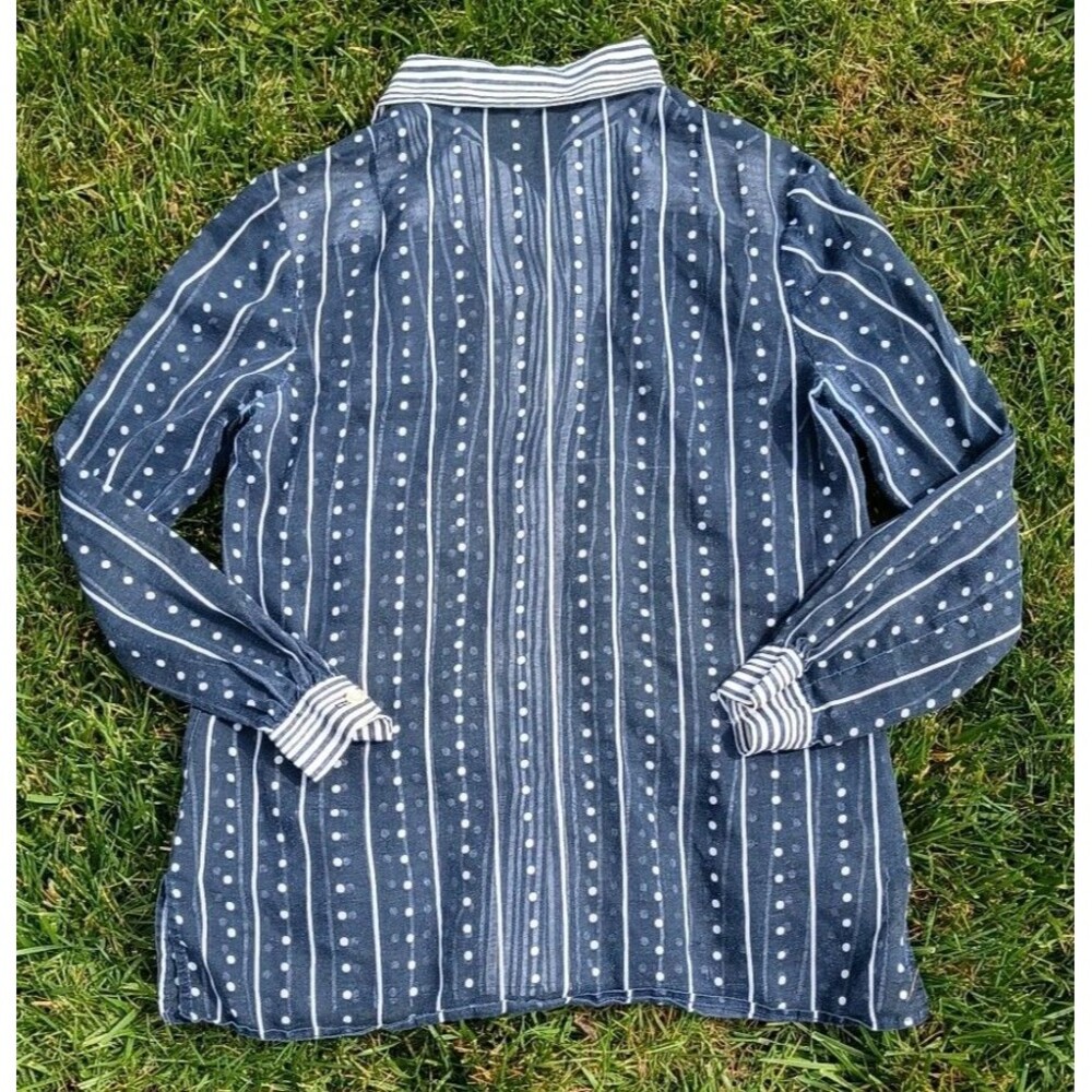 Vintage R & K Knits Sheer Polka Dot Stripe Blouse Made In India Secretary Top L - Picture 4 of 9